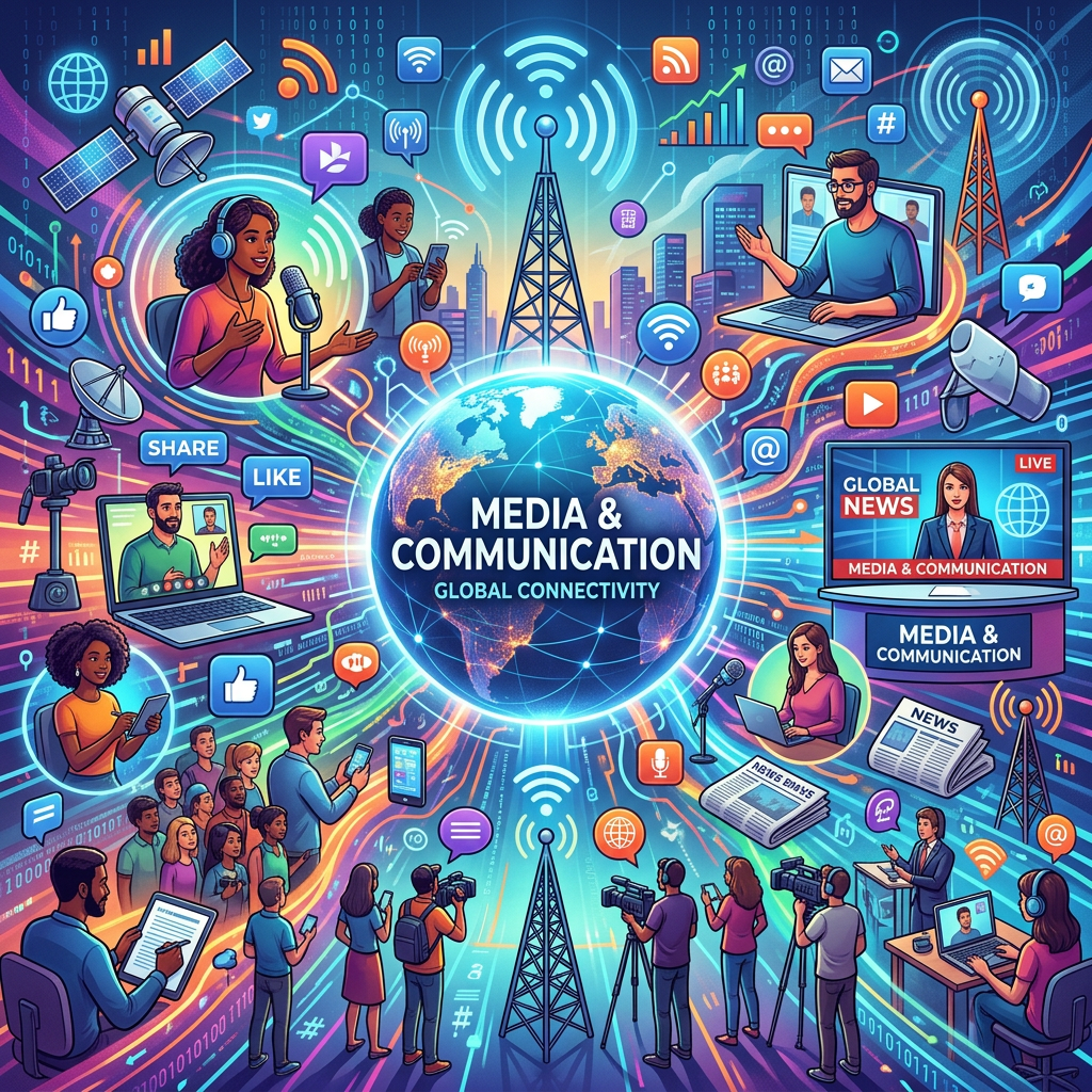 Digital illustration of diverse people using devices and media around a connected globe